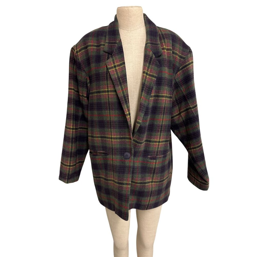 Adolfo International Vintage Plaid Blazer Jacket Medium Wool Blend Button Front